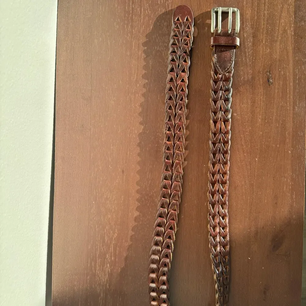 Genuine Full Grain Leather Braided Woven Belt Brown Solid Brass Buckle Size 38
